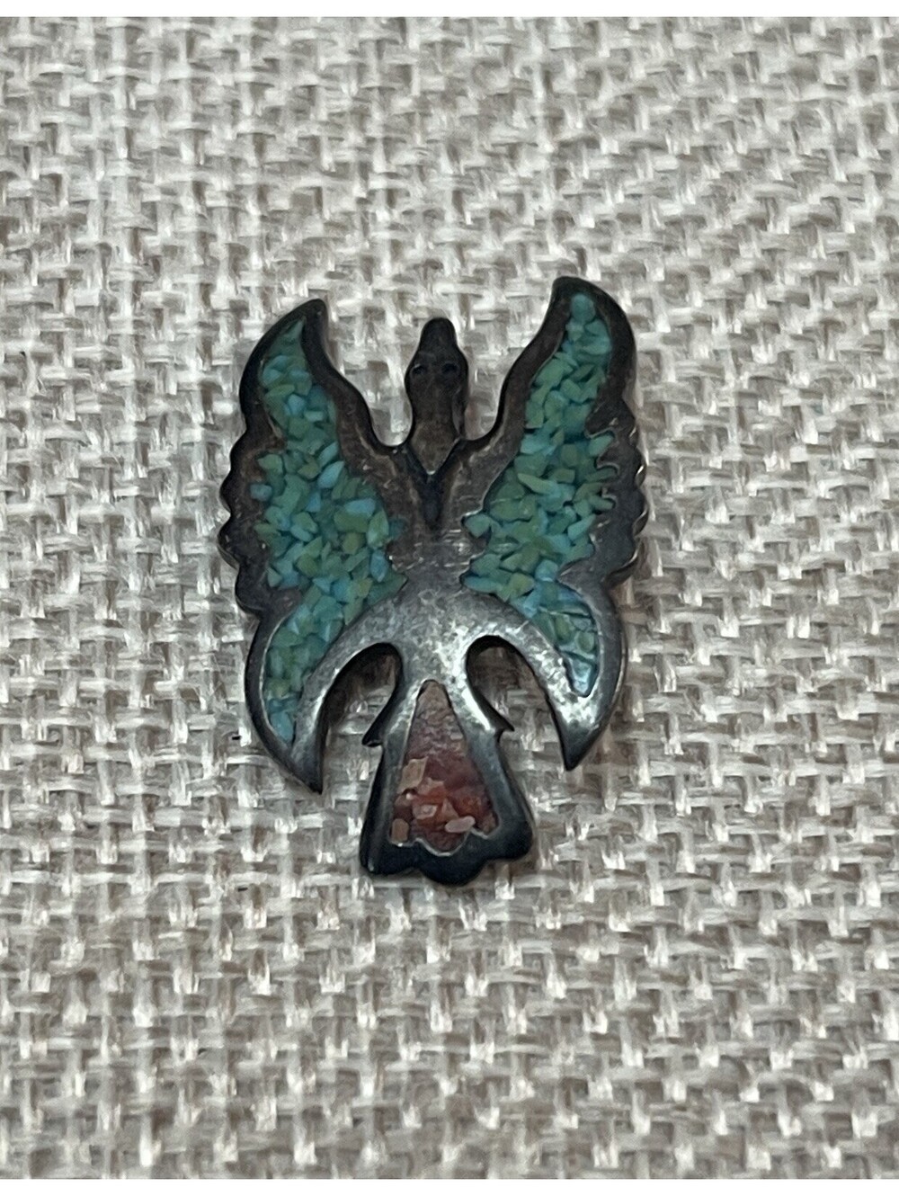 Vtg Native Sterling Silver 925 Turquoise Coral Inlay Thunderbird Pendant Signed